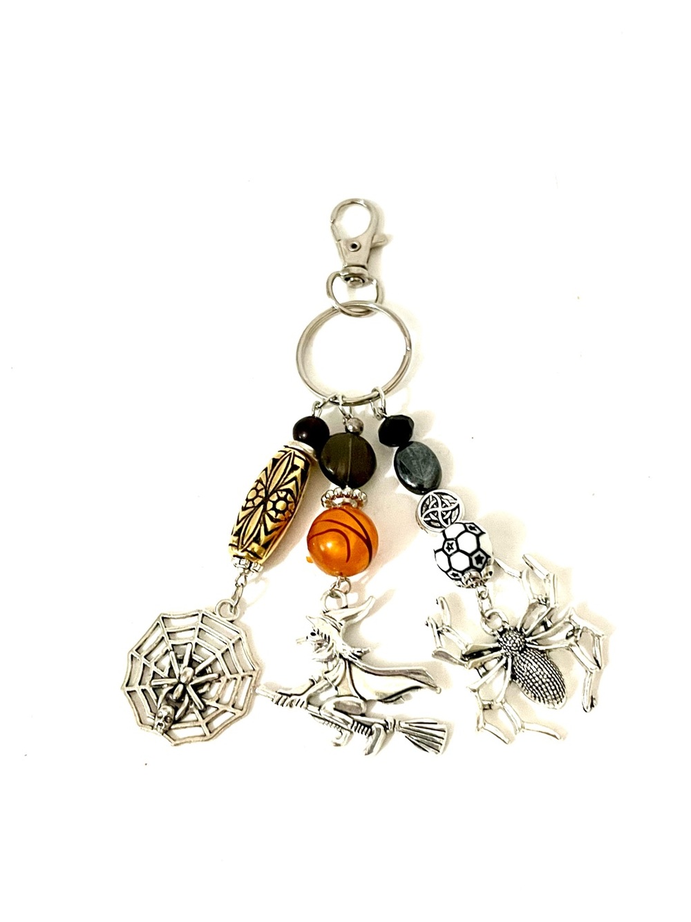 Gothic Halloween Keychain Silver Spider Web Witch Pumpkin Beaded Bag Charm